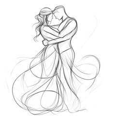 Elegant depiction of a couple embracing amidst flowing lines on a white background. Generative AI