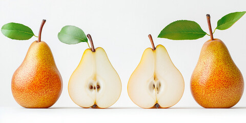 Fresh juicy pears with green leaves on white background