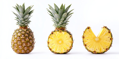 Fresh whole and sliced pineapple trio on white background