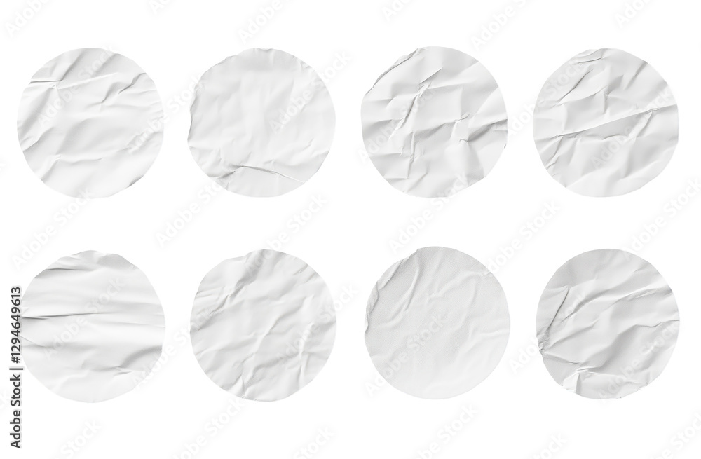 Poster circle stickers with textures: a collection of eight round paper stickers, each with a unique textur