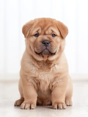 Obraz premium Playful and adorable puppy sitting on a soft blanket with a curious expression captured in a cozy indoor environment
