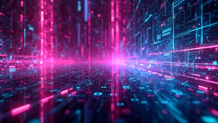 Fototapeta premium Cyberpunk-style background with neon glow and digital abstract elements. Features deep purple, electric blue, neon pink, and bright green tones with circuit patterns, luminous lines and light effects.
