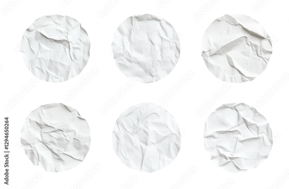 Poster six crumpled circles: six textured, wrinkled paper circles arranged in a visually appealing composit