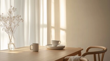 Dining table setting with natural light and minimalist aesthetic elements