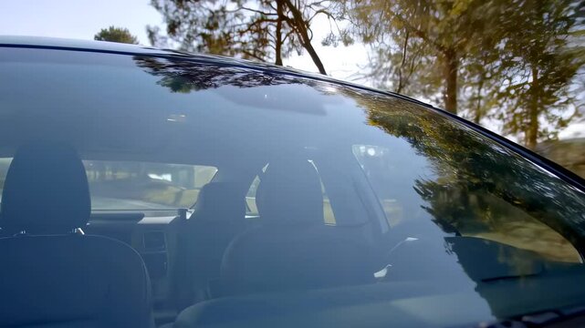 Car windshield reflecting trees and american flag while driving