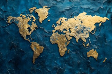 Gold and blue painted world map with the continents of Africa, Asia, Europe, North America, South America, and Australia
