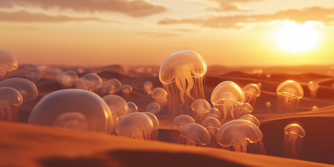 Fototapeta premium Ethereal jellyfish floating in a desert sunset landscape