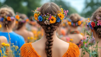 Woman wearing flower crown and orange dress at midsummer festival