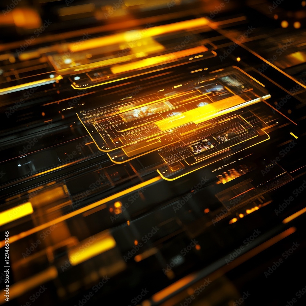 Poster abstract futuristic technology: golden lines and interface elements on a dark surface