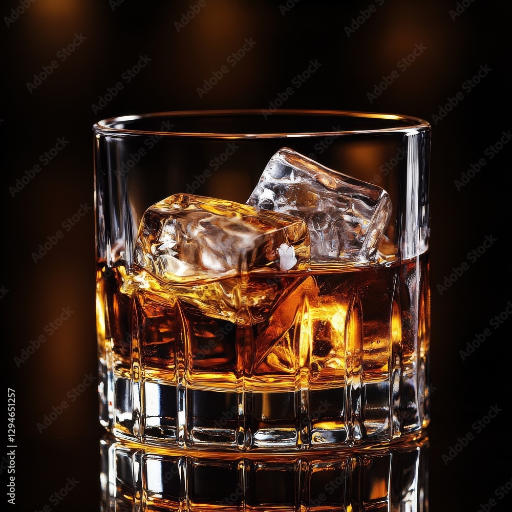 Aufkleber a golden elixir: whiskey on the rocks in a textured glass, reflecting light against a dark backgroun