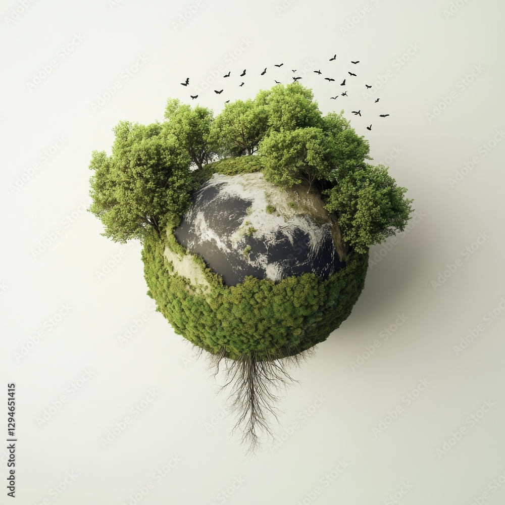 Poster a miniature earth: a fragile globe with thriving trees, moss, and a flock of birds taking flight int