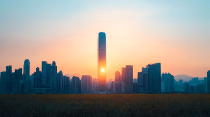 Naklejka premium Sunrise over urban skyline hong kong cityscape morning outdoor inspiring beauty