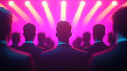 Corporate gathering in futuristic venue people event photography neon atmosphere back view