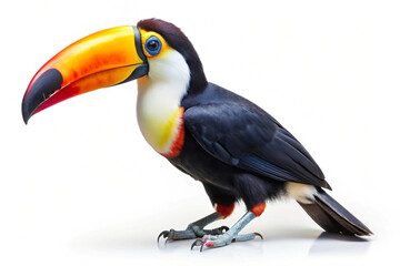 Vibrant toucan with a large colorful beak, perched against a white background. AI Generated