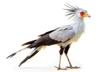 Majestic secretary bird with long legs and striking head feathers, standing tall against a white background. AI Generated