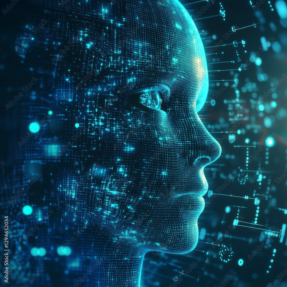 Poster artificial intelligence: a digital face with connecting nodes, representing technology and the futur