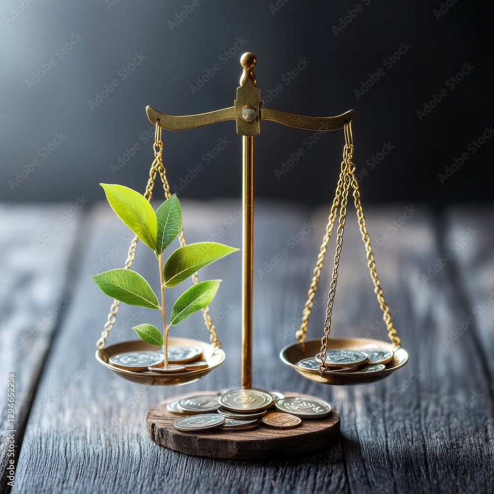 Poster Balancing Growth: Conceptual Image of a Seedling on a Scale with Coins Representing Financial Investments and Future Returns