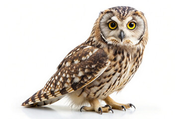 Obraz premium Close-up of a short-eared owl with piercing yellow eyes against a white background. AI Generated