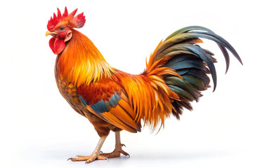 Fototapeta premium Vibrant rooster with a striking red comb, multicolored feathers, and long tail, standing proudly against a white background.