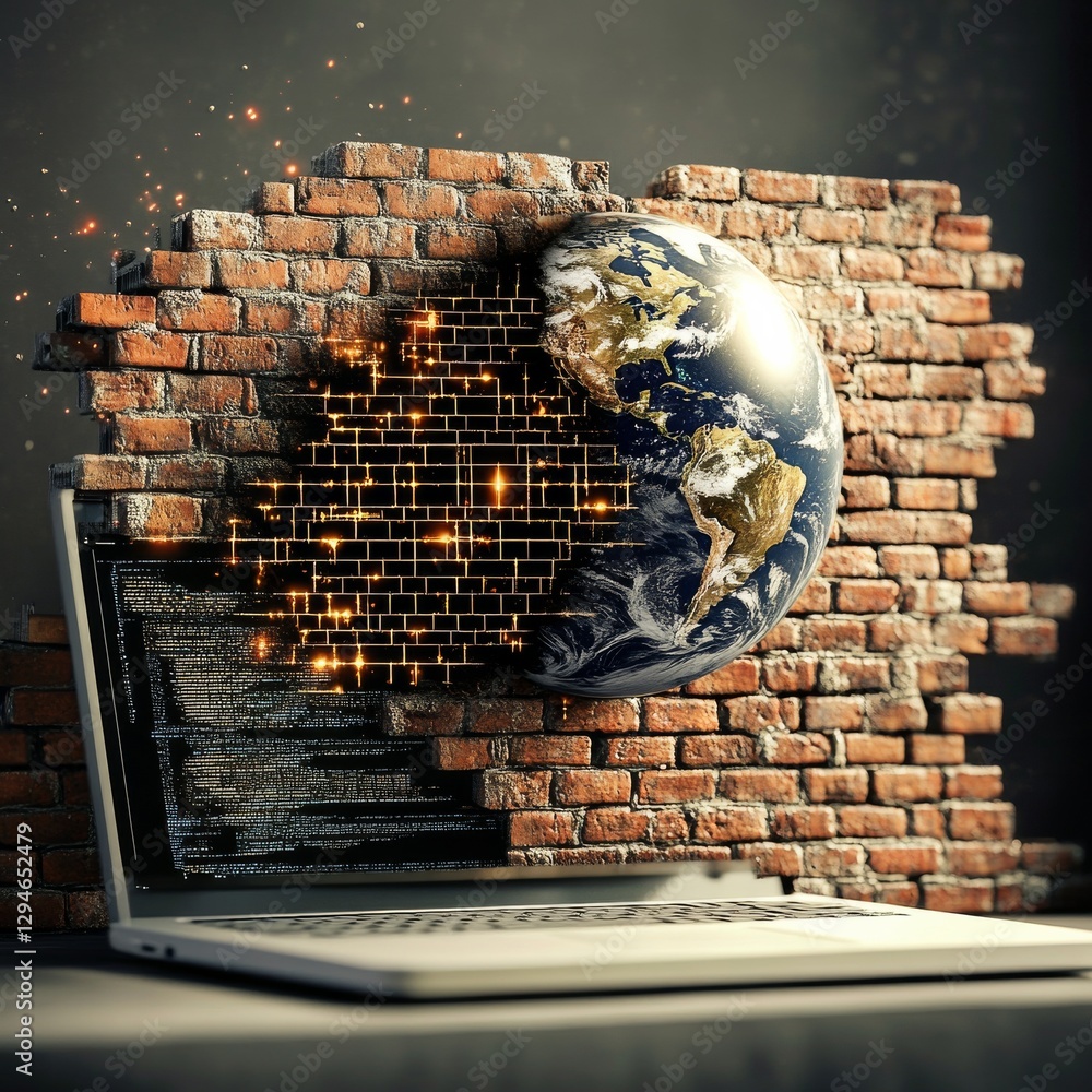 Aufkleber Breaking Boundaries: A Digital Earth Emerging from a Wall, Powered by Code on a Laptop Screen.