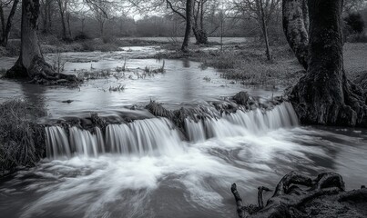 Fototapeta premium Black and white forest stream with flowing water, peaceful scene.
