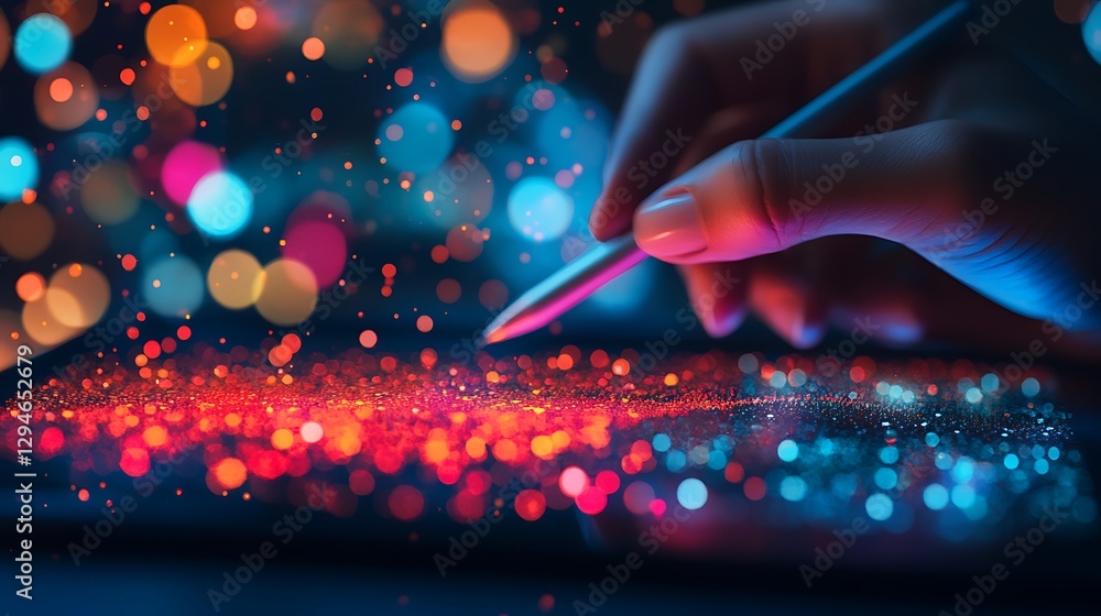 Poster futuristic interface interaction with stylus, a person using a stylus on a digital tablet with a fut