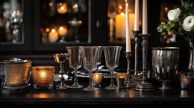 Classy cocktail party decorations with silver and gold accents, elegant table settings, and tall candle holders, photographed in moody, low lighting for a sophisticated vibe