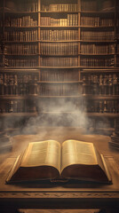 An open book rests on a table in an ancient library
