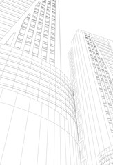 Modern Skyscraper Wireframe. Futuristic Urban Architecture in Abstract Perspective