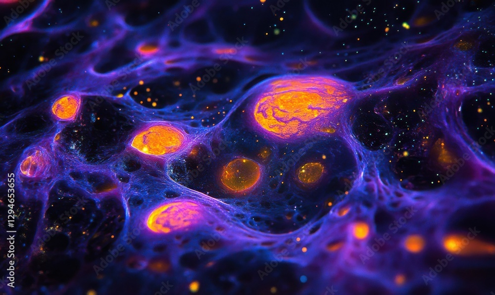 Poster abstract close-up of vibrant particles glowing in a dark background, creating a cosmic effect.