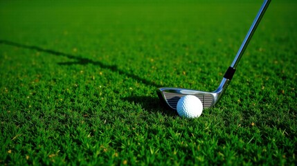A golf club rests on a vibrant green putting surface, a golf ball positioned near the club head, ready for a precise shot.