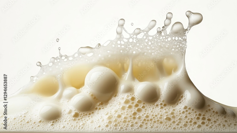 Poster milk splashing, creating dynamic texture with cascading bubbles and scattered droplets against prist