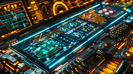 Obraz premium Quantum Teleportation Control Panel with Holographic AI-Driven Displays