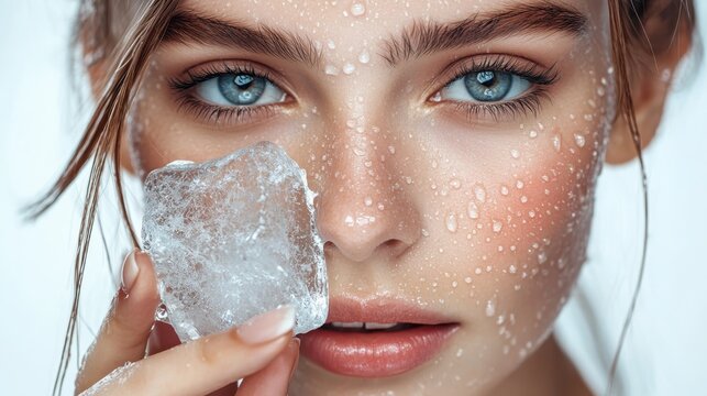 Close up capturing dewy faced woman pressing ice cube against skin, embodying minimalist skincare approach for radiant, fresh complexion
