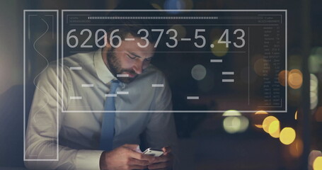 Image of financial data processing over biracial businessman using smartphone in office