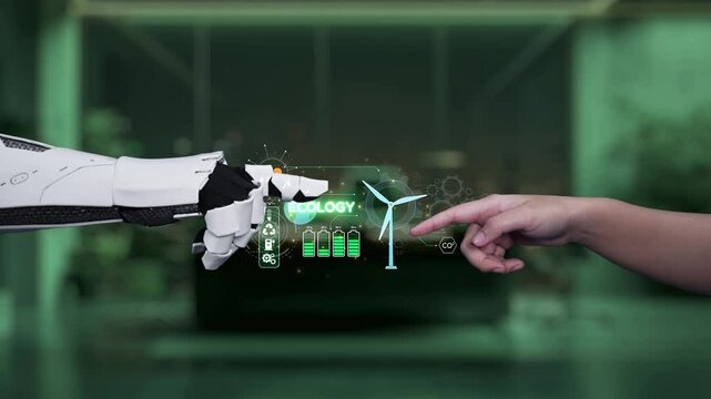 A captivating scene showcasing the interaction between a robotic hand and a human finger, highlighting renewable energy innovation and ecological advancement in a digital environment. Auvana