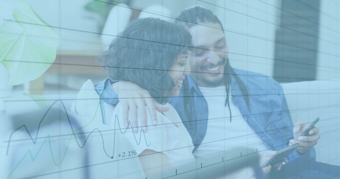 Image of financial data processing over biracial couple using smartphone