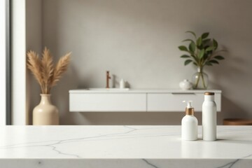 Clean minimalist bathroom setting with elegant white bottles and subtle decor on a marble countertop