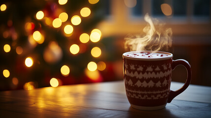 Steaming mug of peppermint mocha with whipped cream in festive striped cup