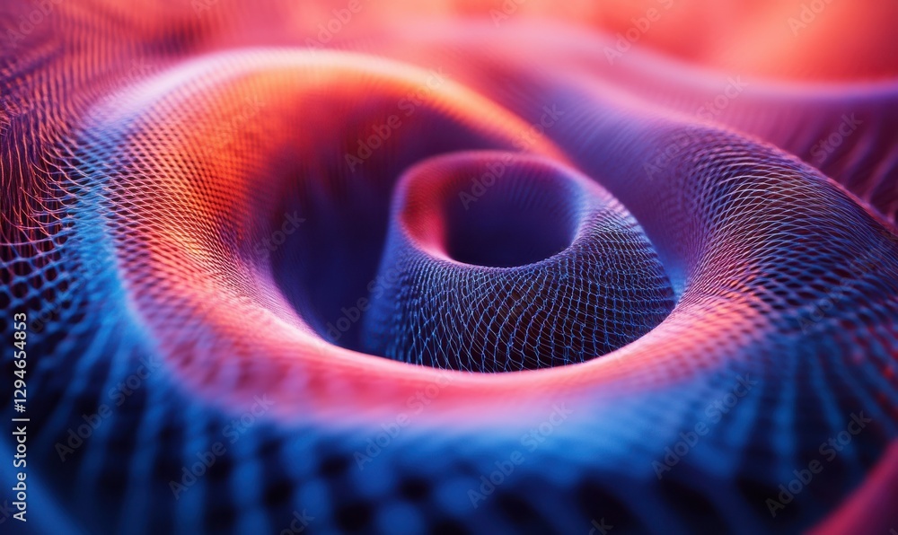 Poster abstract glowing fibers forming a dynamic spiral pattern in shades of blue and red. sharp contrasts 