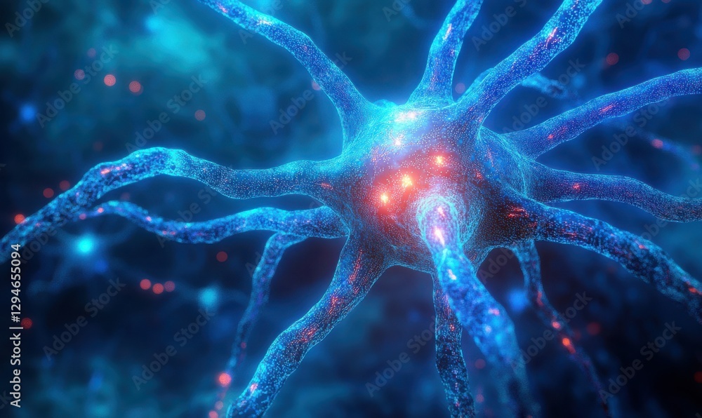 Poster abstract glowing neural network in vivid blue tones, with intricate lines connecting nodes to repres