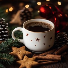 Festive Coffee Break: Warm Beverage, Star Cookies, and Holiday Cheer in a Cozy Christmas Setting