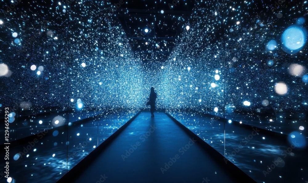 Poster abstract glowing particles in shades of blue and silver scattered dynamically across a dark backgrou