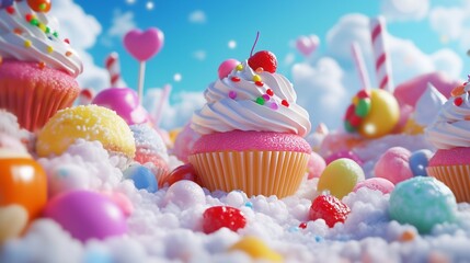 Candyland wallpaper. Fantasy candyland colorful render 3d. A cupcake with ice cream and a background of ice clouds. Wallpaper with a lifestyle candyland theme.