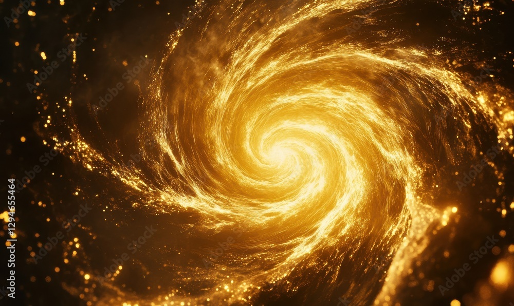 Poster abstract glowing vortex in dynamic golden tones, forming intricate swirling patterns against a sleek