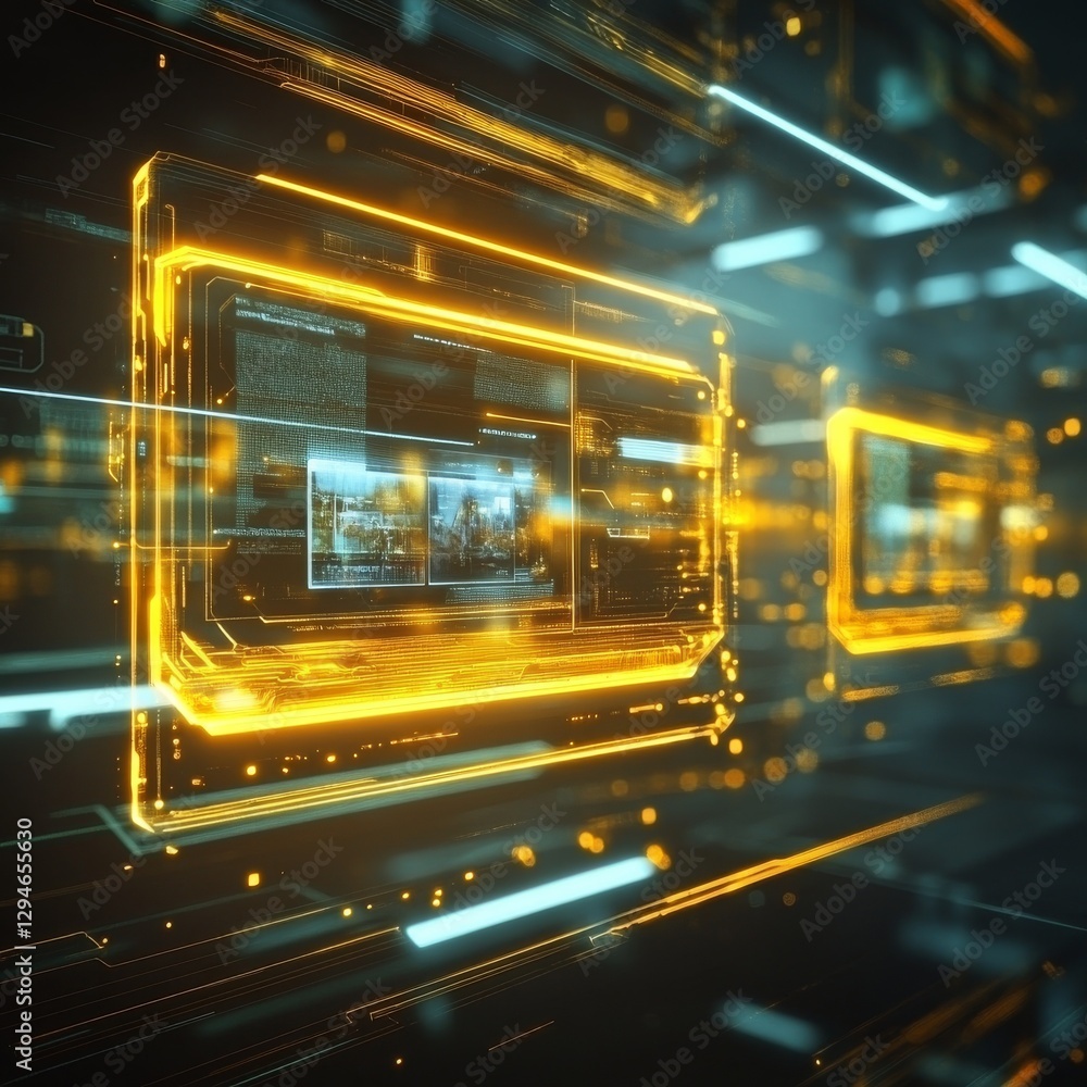 Leinwandbilder Futuristic Interface Display: High-Tech Data Visualization with Glowing Golden and Teal Accents for Immersive Digital Experience