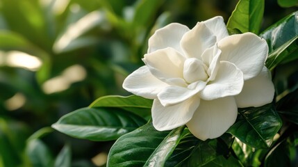 A white gardenia flower with deep green leaves behind it.