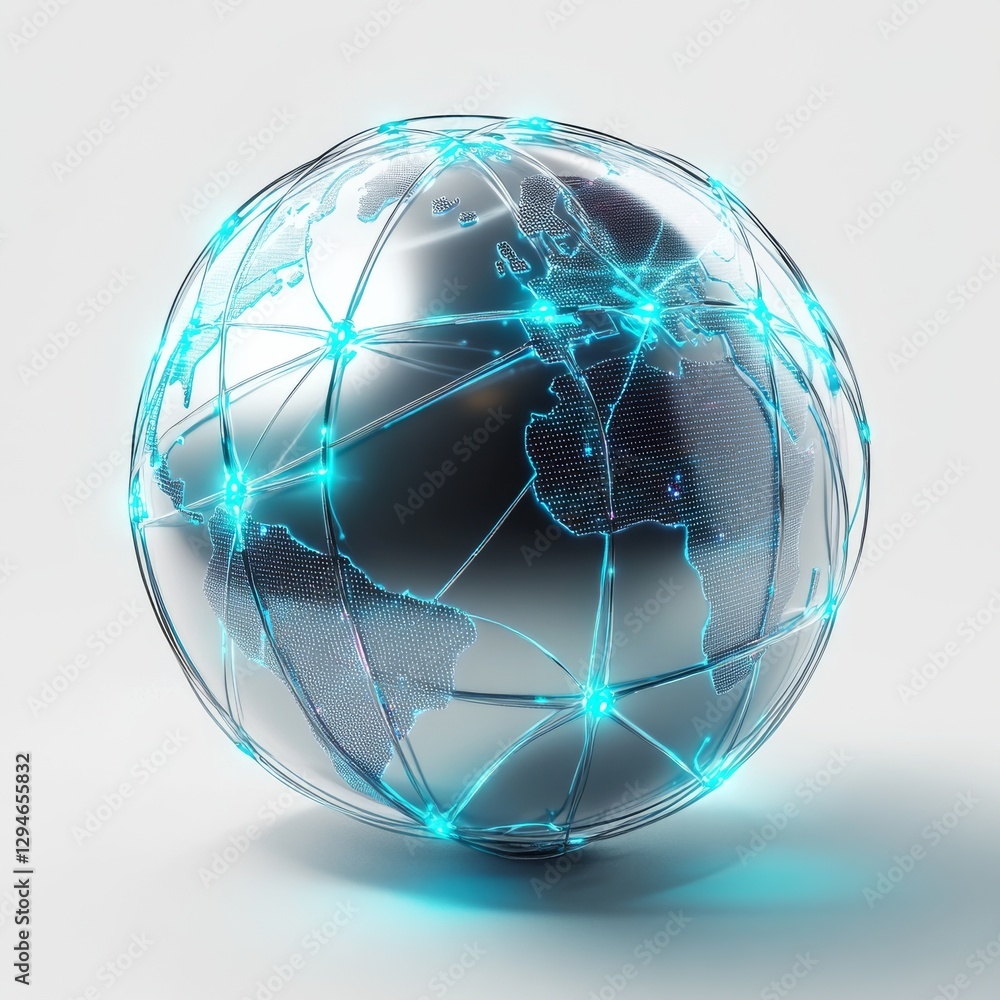 Poster Global Network Connection: Shiny World Globe with Digital Light Links Across Countries.