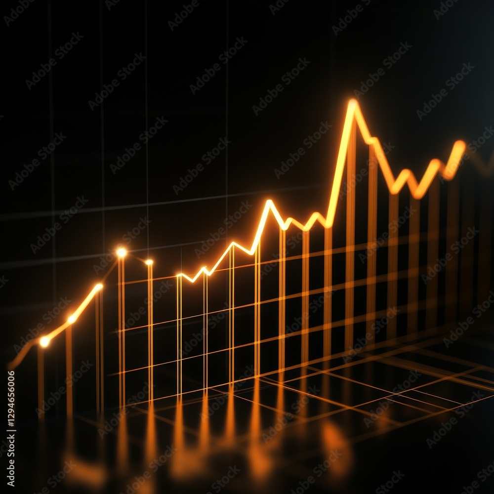 Poster golden growth: ascending financial chart with reflective grid on a dark background
