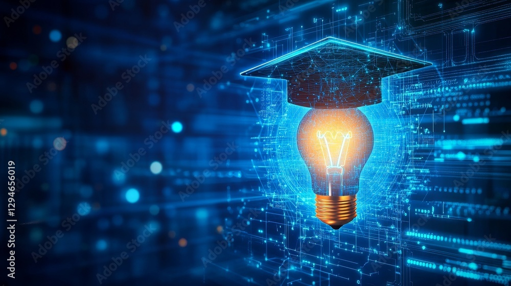 Poster glowing lightbulb with graduation cap representing knowledge and technology.